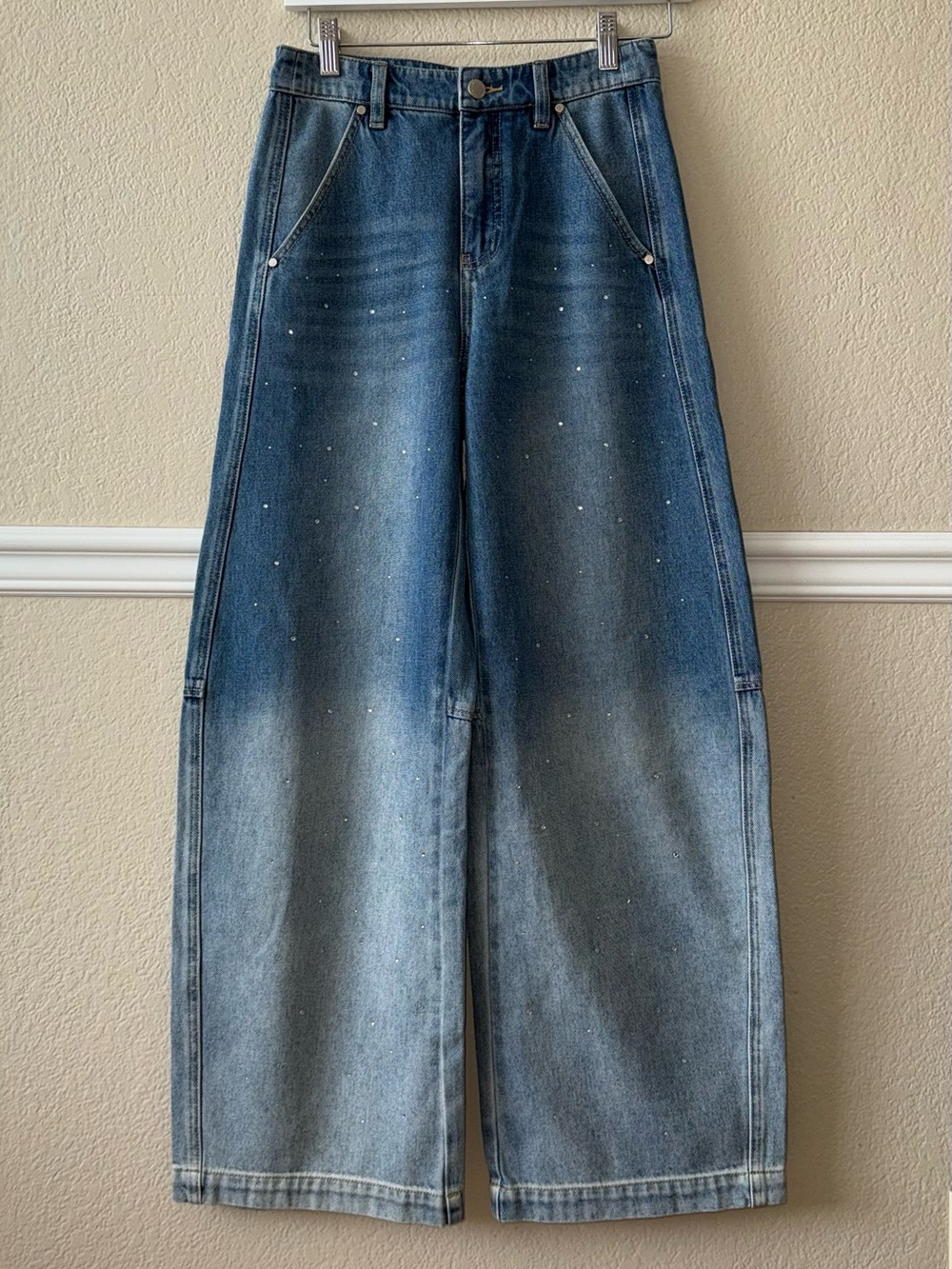Fabrique $258 Kylie Rhinestone Gradient Washed Wide Leg Jeans Cotton Denim XS